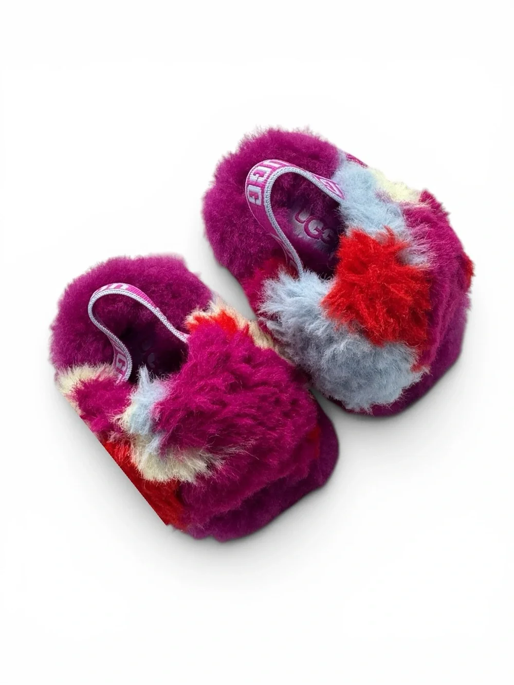 UGG Fluff Yeah Baby Girl Multi Color Fuzzy Slingback Slippers Newborn Rare EUC
